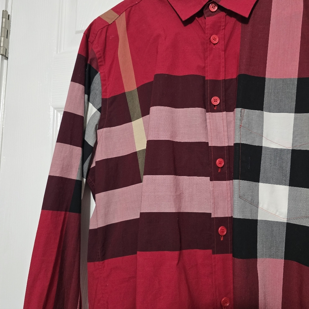 Burberry Check Stretch Cotton Poplin Shirt Red Multicolor Long Sleeve. Large - Picture 4 of 11